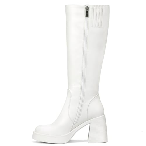 Image of Choiran Knee High Boots for Women - Platform Chunky Square Toe Tall Boots with Block Heeled Side Zipper, Fashion Long Gogo Boots for Spring Fall