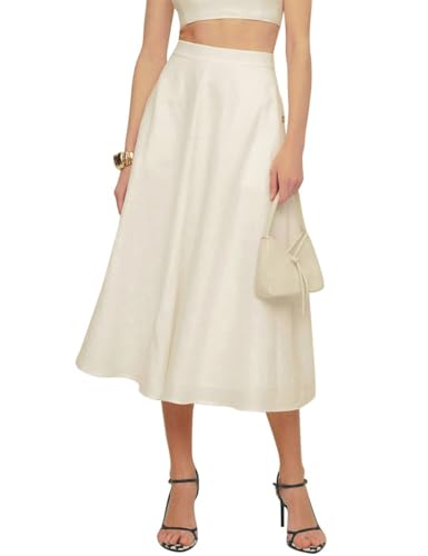Kinghua Womens Linen Skirts Spring Summer Flowy A Line Pleated Maxi Midi Skirt with Pockets