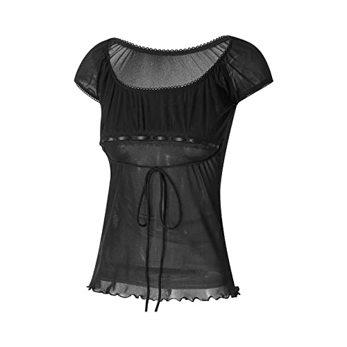 Women Fairy Grunge Y2k Shirts See Through Square Neck Lace Patchwork Tops Vintage Goth Aesthetic Clothing4