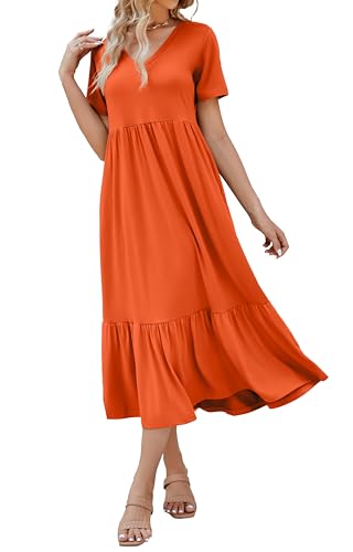Women's 2026 Summer Short Sleeve V Neck Swing Dress Flowy Tiered Maxi Beach Sundress with Pockets Orange