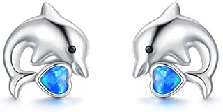 TOUPOP Sterling Silver Dolphin/Jellyfish/Owl/Shark Stud Earrings for Women Created Opal Cute Ocean Animals Earrings for Girls Birthday Christmas Gifts