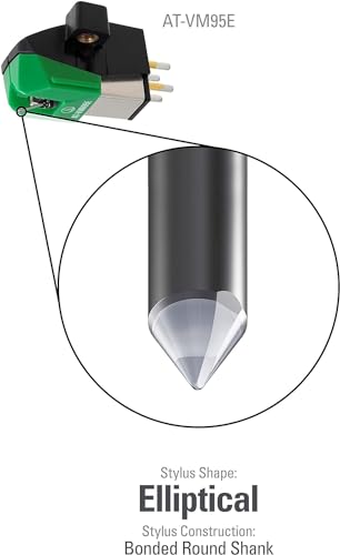 Audio Technica AT-VM95E Dual Moving Magnet Turntable Cartridge - Elliptical Stylus 1/2" Mount - Includes Mounting Hardware (Black/Green) - 3