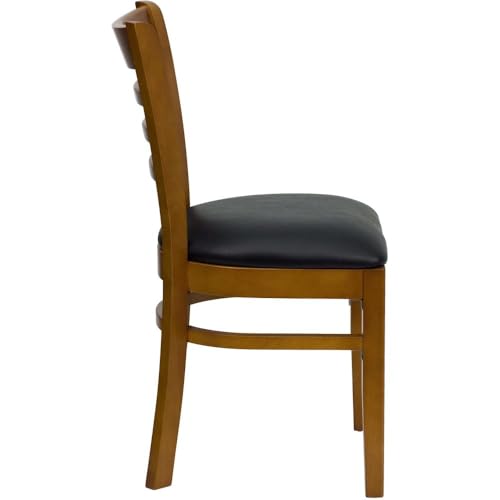 Image of Flash Furniture 2 Pack HERCULES Series Ladder Back Cherry Wood Restaurant Chair - Black Vinyl Seat