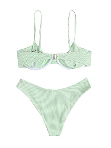 Shein Women's 2 Piece Underwire Bikini Set Triangle High Waisted Swimsuit High Cut Thong Ribbed Knit Bathing Suit Mint Green Medium #TOP1
