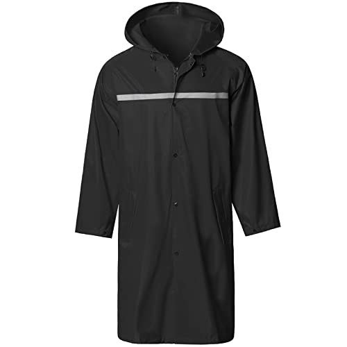 Mens Long Hooded Safety Rain Jacket Waterproof Emergency Raincoat Poncho(Black,L) #TOP8