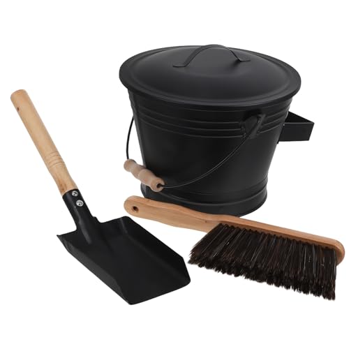 BESPORTBLE Heavy Duty Metal Fireplace Ash Bucket Set with Lid, Shovel and Broom for Indoor and Outdoor Fire Pit Cleaning, Heat Resistant Wood Stove Ash Can, 2.51 Gallon Fireplace Tool Kit