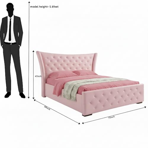 Image of Pearl Upholstered King Size Bed with Box Storage for Bedroom | Elegant Wooden Double Bed with Storage | Platform Cot Palang with Tufted Headboard | 6.5 x 6 Ft | Sheesham Wood | Mauve