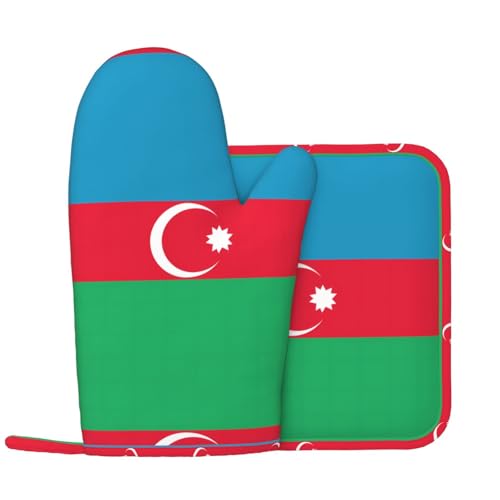 Ofenhandschuhe & Topflappen mit Flagge von Aserbaidschan, rutschfest & hochtemperaturwiderstandsfähig, leicht zu reinigen & aufzuhängen.