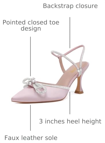 Image of Susanny Women's Closed Toe Rhinstone Wedding Low Heel Slingback Clear Kitten Heels,Adjustable Strap Pointed Toe Bow Pumps High Heeled Prom Dress Shoes