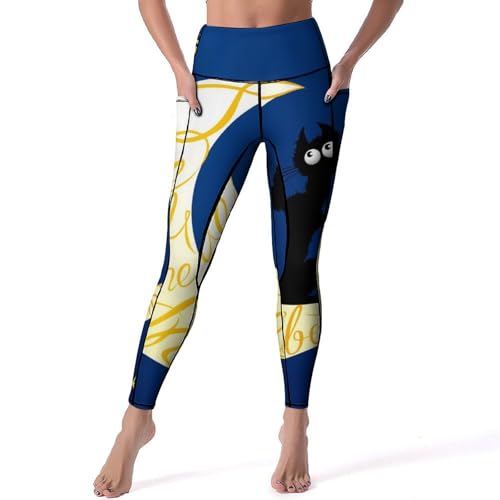 Legging chat noir et étoiles femmes pantalon de sport yoga taille haute gym jogging taille S
