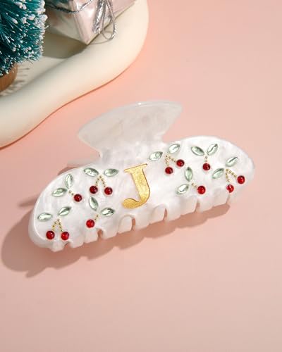 Image of CHLINS Initial Cherry Hair Clips for Women Girls - Cute Glitter Monogram Claw Clips with Rhinestone Cherry Print Hair Accessories, Ideal Birthday Bridesmaid Gifts for Teens Girls, Letter J