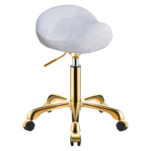SCGSJZH Dorado Taburete de Silla de Montar con Ruedas, Profesional Ergonómico Taburete Ajustable Altura, PU Cuero Patrón Glacial Giratoria Silla para Salón de Belleza SPA (Blanco, Sin Respaldo)