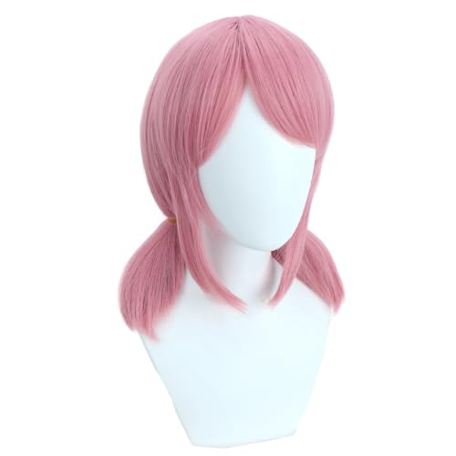 Image of Pink Wig with Bangs Pink Short Wig with Two Pigtails Straight Wigs for Women Cosplay Synthetic Wigs