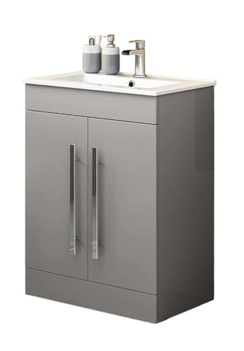 iBathUK Avon Vanity Unit with Basin, Slim Edge Ceramic Wash Basin for Bathroom Furniture, Storage Cabinet with 2 Doors- Gloss Light Grey (Flat Pack)