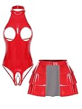 Manyakai Vestido De Piel Para Mujer Babydoll Nightwear Cuero Pvc Con Aspecto Mojado Conjunto Pijama Carnaval Rojo S