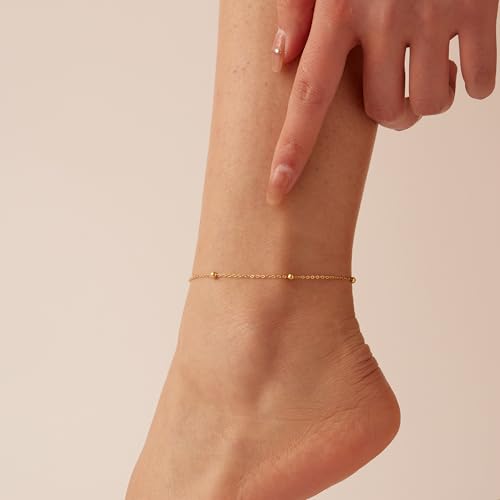 Image of NONAMOIS Ankle Bracelets for Women Dainty 18K Gold Plated Anklet Waterproof Round Beaded Paperclip Herringbone Pearl Chain Anklets Waterproof Beach Foot Jewelry