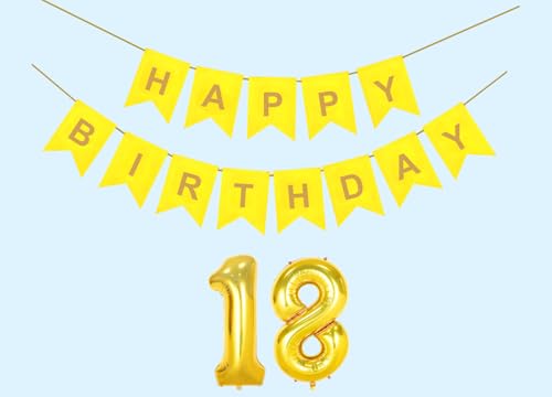Image of 18th Happy Birthday Decoration Kit Yellow for 18 year Old Boys Girls Teenage with Number Eighteen Party Decorations Decor Celebration Items Item Set Combo Reusable Paper Banner