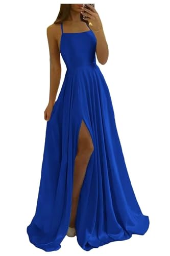 Image of Women Long Formal Dress Solid Satin Spaghetti Straps A Line Evening Cocktail Dresses with Slit