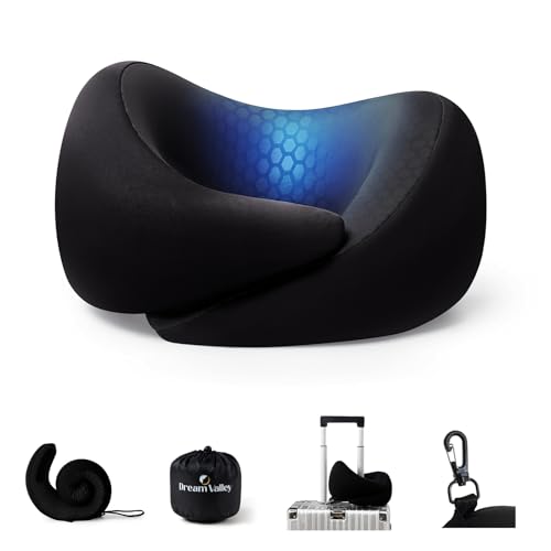 Image of Dream Valley Neck Travel Pillow, Memory Foam Travel Pillow for Airplane, Portable Roll-Up Neck Pillow with Cooling Inner Fabric, 360 Ergonomic Support, No Head Bobbing, Black
