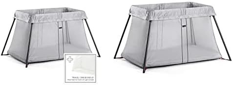 BABYBJORN Travel Crib Light – Silver + Fitted Sheet Bundle Pack & Travel Crib Light, Silver, One Size