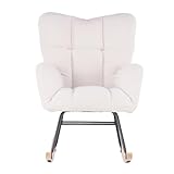 Homely – Butaca Mecedora LEYRE | Diseño Moderno | Tapizada en Tela Tipo Teddy | Patas metálicas Color Negro | Patín de Madera | Color Blanco