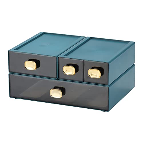 OSteed Office Desk Organiser Drawers, Stackable Desktop Storage Drawer, Plastic A4 Drawer Organiser, Stationery Storage Unit, Letter Box, Countertop Tabletop Toiletry Storage Drawers, 4 Mixed Blue