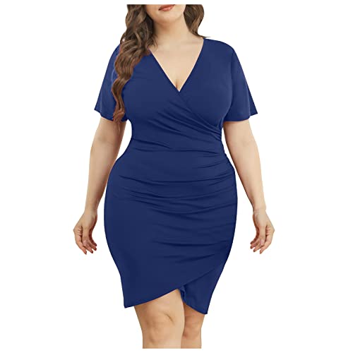 LIJCC Vestido de verano de las mujeres más tamaño bodycon vestidos cuello en V verano casual fiesta Slim Fit vestido cruzado frente formal vestido, azul, XXXXXL