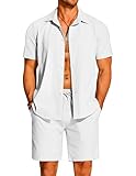 COOFANDY Mens Cotton Linen Sets Outfits 2 Piece Vacation Short Sleeve Button Down Shirts Beach Swim Shorts Casual Suits White