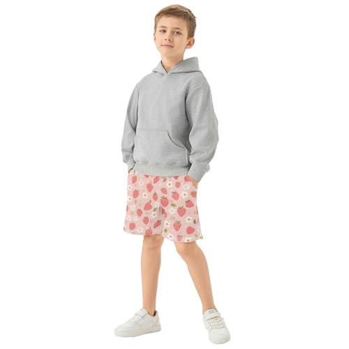 Strawberry and Daisy Athletic Shorts with Zipper Pockets, Youth Boys Athletic Running Shorts for Summer 6