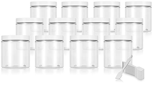 Clear 8 oz / 250 ml PET (BPA Free) Plastic Jar with White Lid (12 pack) + Spatulas