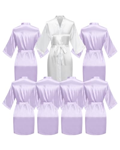 Image of 7 Pieces Women Silky Robe Satin Kimono Wedding Shower Bride Bridesmaid Bathrobe Spa Party Sleepwear