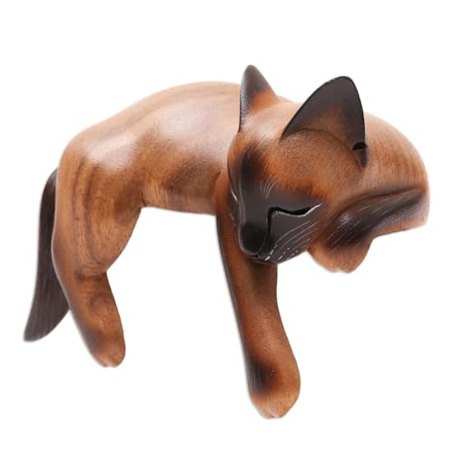 Estatuilla artesanal de madera gato siamés durmiendo miniatura 3