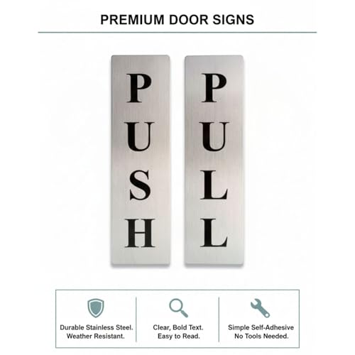 Image of Push Pull Metal Sign Stickers - Self Adhesive Stainless Steel Finish - For Glass, Wooden Doors, Office, Hospital, Mall Gate - Sticker Combo (Silver