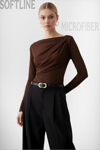 Image of SIGHTBOMB SOFTLINE Asymmetric Boat Neck FRONTFLOW Gathered Waterfall Afford LUX Edition Formal WEAR Long Sleeve Feather Touch TOP for Women
