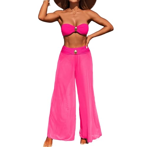 3 Piece Swimsuits for Women Tummy Control Bikini Set with Beach Cover Up Mesh Pants Sexy Tube Tops Swimwear