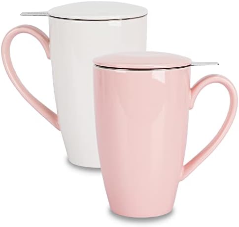 amhomel Porcelain Tea Mug with Infuser and Lid, 16 Ounce Ceramic Tea Cup for Loose Leaf, Coffee, Cocoa and Milk, Tea Gift for Tea Lovers, Set of 2(Pink and White)