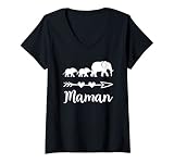 Femme Eléphant Maman de 2 Enfants Bébés Fête des Mères T-Shirt avec Col en V