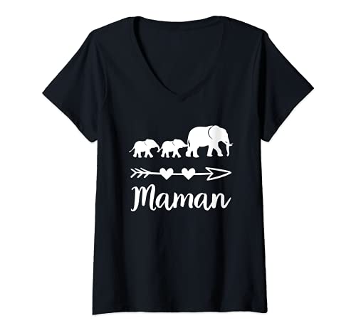 Femme Eléphant Maman de 2 Enfants Bébés Fête des Mères T-Shirt avec Col en V