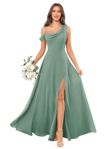 Image of Women's One Shoulder Bridesmaid Dresses Long for Wedding with Pockets Lace Bodice A-Line Chiffon Formal Party Gown