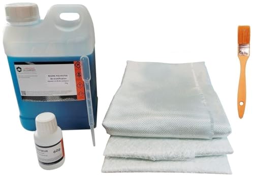 Kit de Résine Polyester La Boutique du Composite 2kg avec Catalyseur, Mat de Verre et Roving - Inclus Pinceau et Pipette - Résistant à l'Eau, Idéal pour...