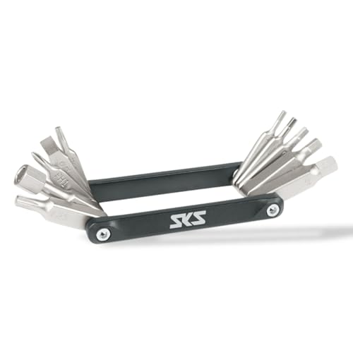 SKS GERMANY TOM 11 Outil multifonction (mini outil de vélo plat avec 11 fonctions, poignées ergonomiques, outils en acier au chrome vanadium, boîtier en aluminium, idéal pour les cyclistes de