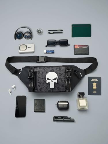 Image of The Souled Store Marvel Punisher Utility Gear Fanny Pack Crossbody Sling Bag 4L Spacious Durable PU with Adjustable Strap Travel Daily Use Waist Bag for Men and Women