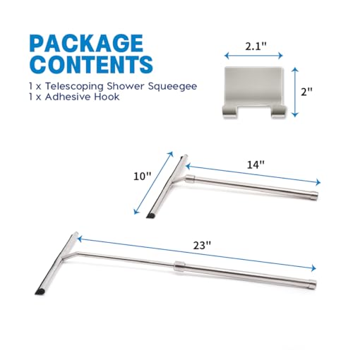 Image of Shower Squeegee with Long Handle and Adhesive Hook. for Glass Doors, Tile Walls, Mirrors and Windows. Telescoping Squeegee for Cleaning. Bathroom Stainless Steel Squeegee, 10inch Wide, Chrome - 1pk