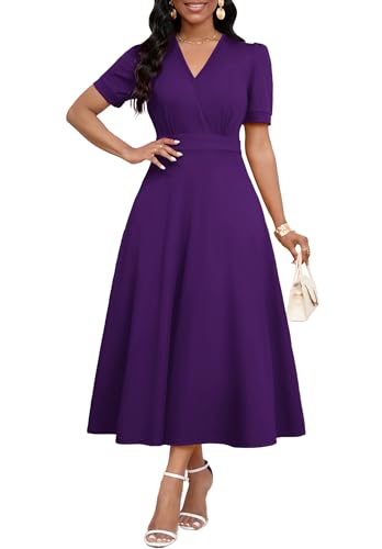 Image of MarryUP Women's Midi Dresses - V Neck Cocktail & Church Tea Dresses - Short Sleeve A-Line Swing Dress