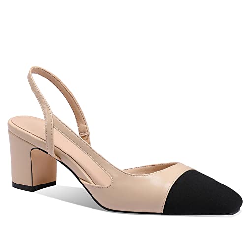 LauraVicci Heeled Slingback Pumps Two Toned Splicing Closed Round Toe Chunky Block Heels Sandals Slip On Office Party Fashion Shoes2