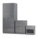 Nera Gloss Bedroom Furniture Set 3 Piece Set Wardrobe with Drawer Chest of Drawer Bedside Table Bedroom Storage (Gloss Grey(Matt Grey))