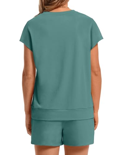 Image of WIHOLL Two Piece Sets for Women Summer Crew Neck Lounge Short Sets Cap Sleeve Drawstring Sweatsuit with Pocket