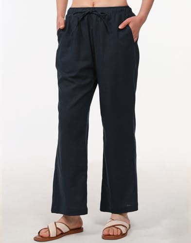 Bonnorth Women's Cotton Linen Elastic Drawstring Waist Loose Wide Leg Solid Pants with Pockets2