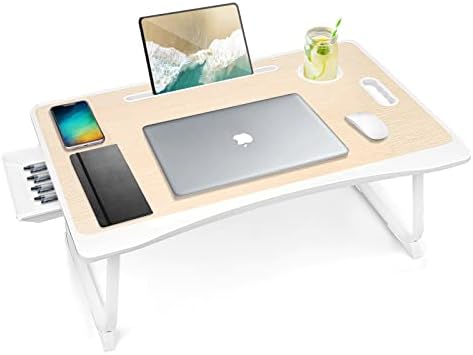 Amaredom Laptop Bed Desk Tray Bed Table, Foldable Portable Lap Desk with Storage Drawer and Cup Holder for Eating Breakfast on Bed/Couch/Sofa-White Oak