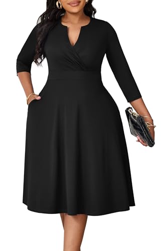 Image of Runwind Women's Plus Size Midi Dress 3 /4 Sleeve Fit and Flare Cocktail Dresses Casual V-Neck Dress with Pockets